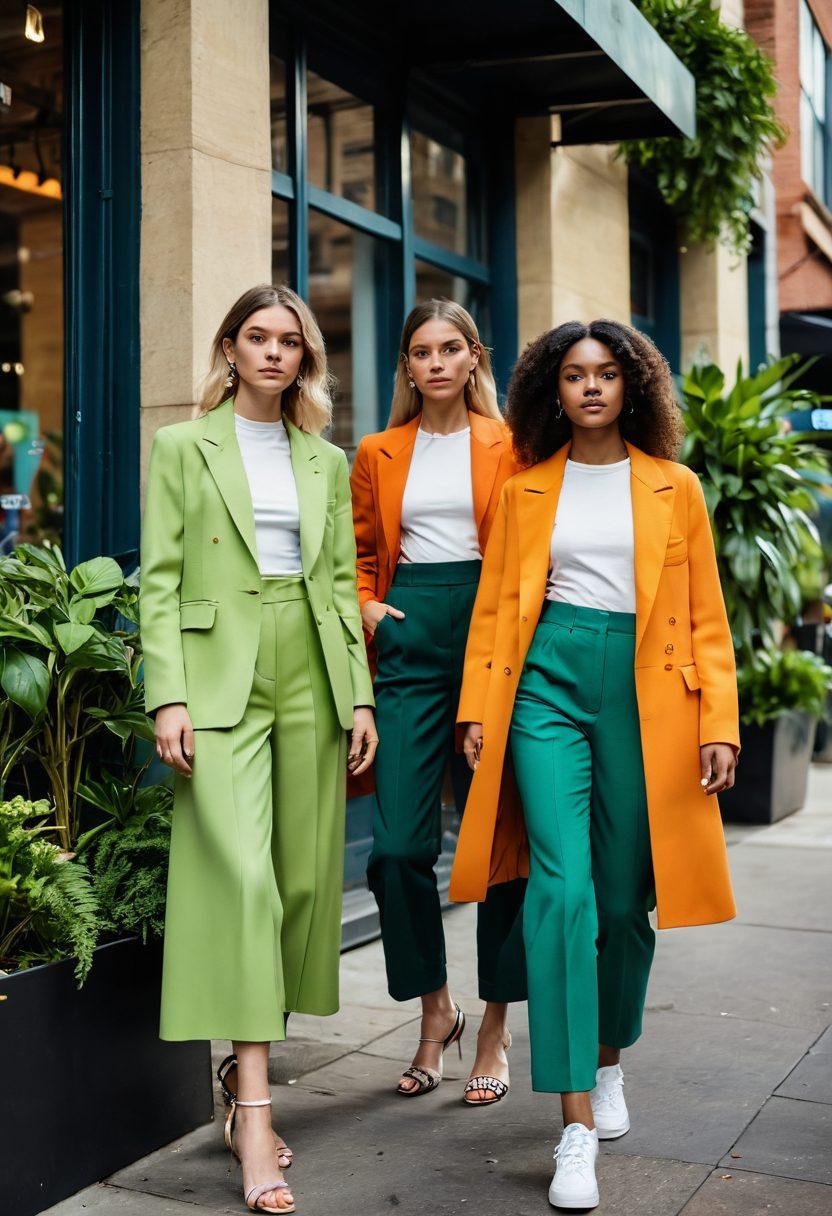 A stylish street scene featuring diverse individuals showcasing sustainable fashion trends, wearing eco-friendly materials and modern designs. Include urban backdrops with greenery, such as potted plants or vertical gardens, to emphasize environmental consciousness. Bright, trendy colors highlight a fusion of innovation and sustainability. Capture an energetic and dynamic vibe, illustrating the future of fashion. vibrant colors. super-realistic.